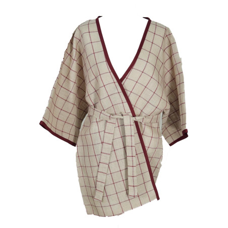 Kimono lin quadrillage bordeaux