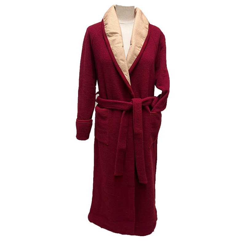 Robe de chambre laine des Pyrénées rouge bordeaux Fleurs beiges