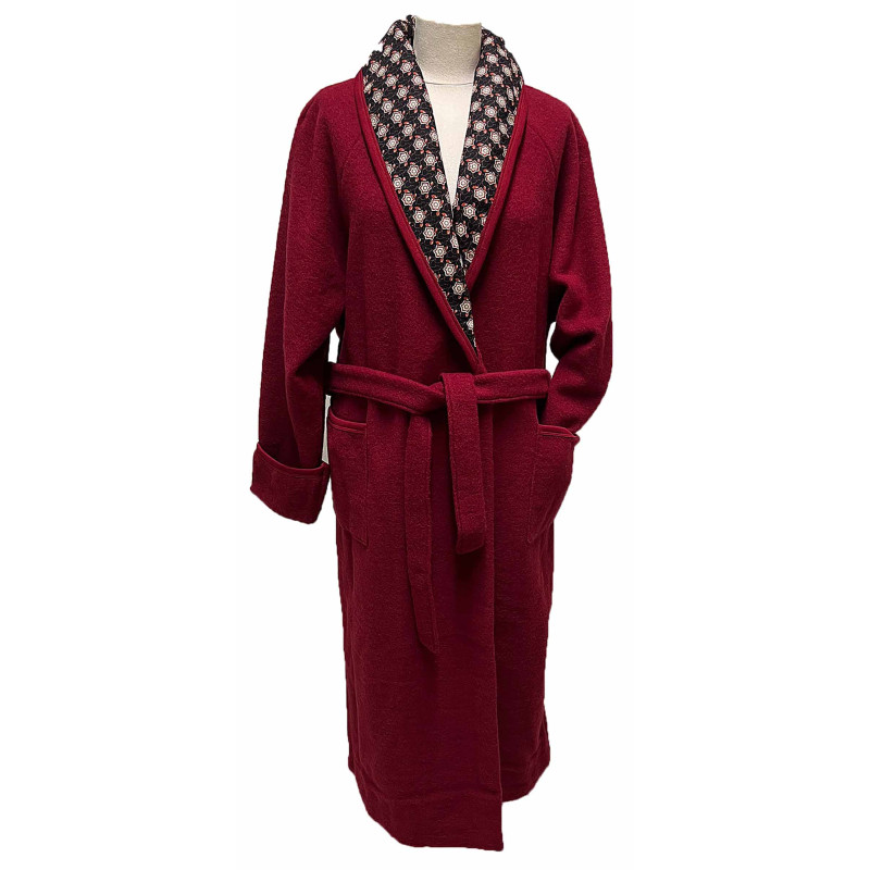 Robe de chambre laine des Pyrénées rouge bordeaux Fleurs noir