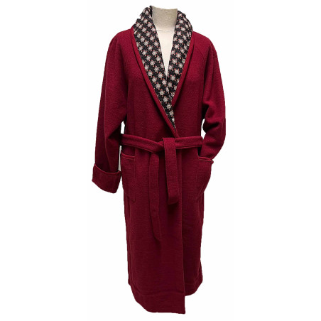 Robe de chambre laine des Pyrénées rouge bordeaux Fleurs noir