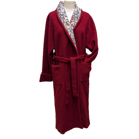 Robe de chambre laine des Pyrénées rouge bordeaux Rayures bleues